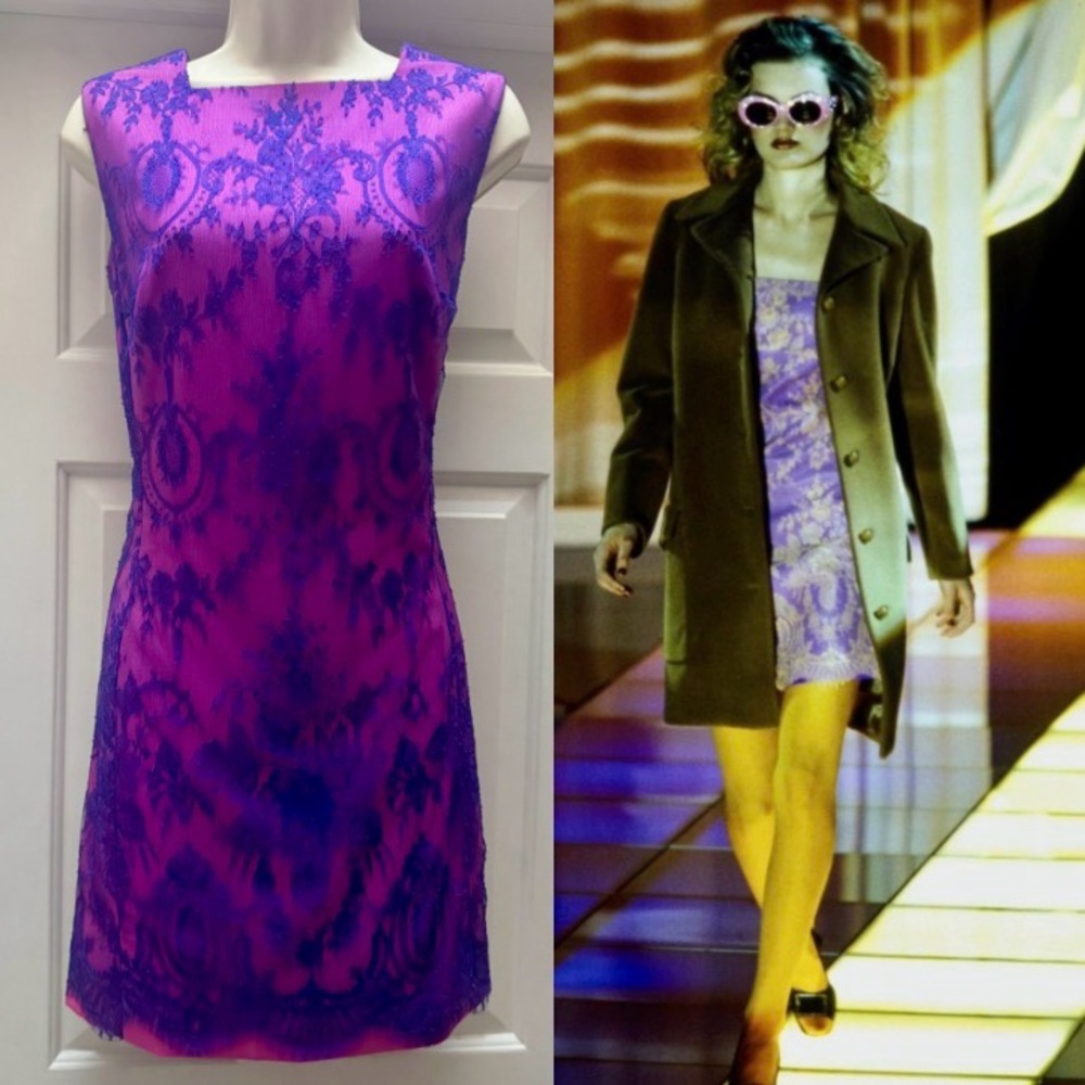 1996 Gianni Versace Couture Runway Purple Lace Overlay Pink Dress. Made In Italy